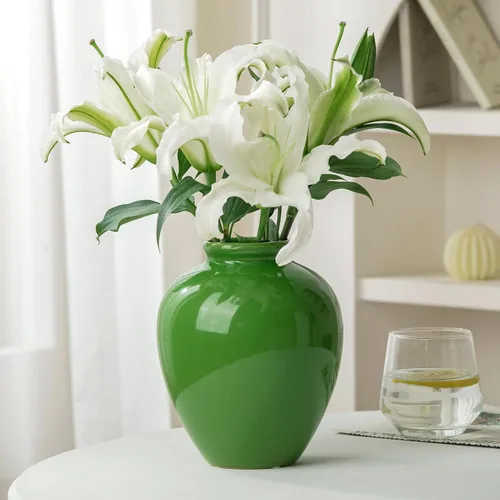 Jarrón de cerámica verde de 7.5 pulgadas, jarrones de flores vintage con glaseado agrietado para decoración del hogar, jarrón rústico decorativo