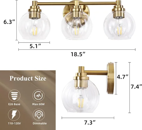 Miniatura 4 de Lámparas de baño de 3 luces, moderna lámpara de tocador con pantalla de cristal de globo, luces de baño doradas cepilladas sobre el espejo, luces