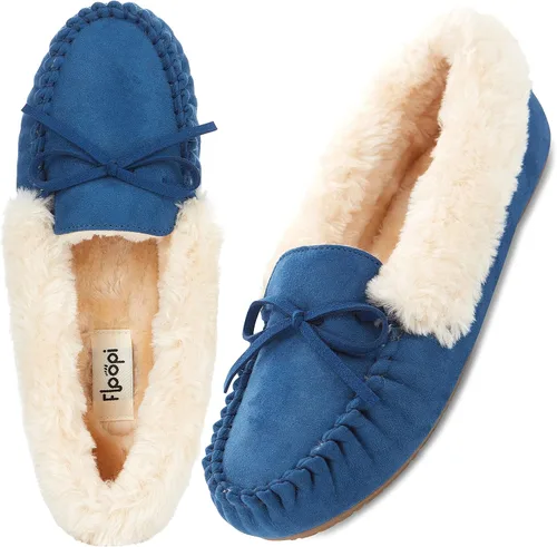 Miniatura 52 de Floopi Pantuflas para mujer, forro de piel sintética suave con espuma viscoelástica acogedora, pantuflas de casa para mujer con suela antideslizante