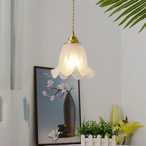 Miniatura 2 de Lámpara colgante con forma de flor retro nórdica, moderna lámpara colgante colgante de cúpula dorada con pantalla de vidrio esmerilado, cable