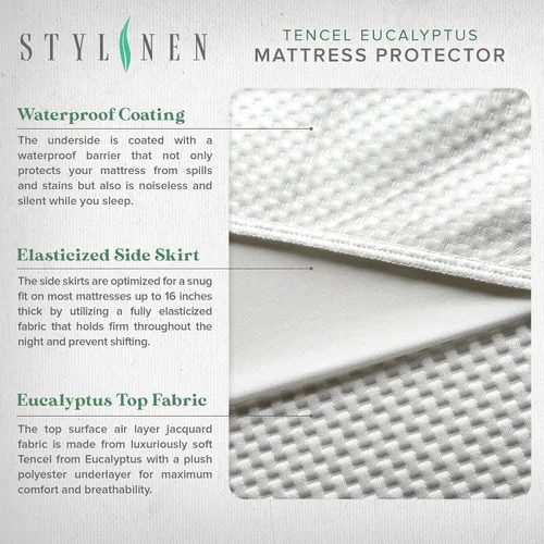 Miniatura 5 de STYLINEN Protector de colchón Tencel de eucalipto individual, funda de enfriamiento impermeable transpirable que protege contra la humedad