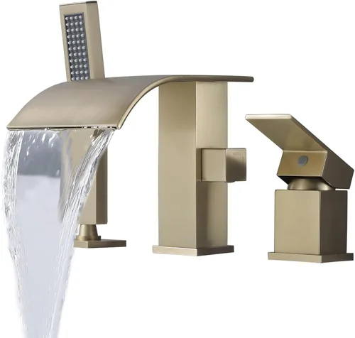 Grifo de bañera romana tipo cascada con ducha de mano, grifo llenador de bañera de montaje en cubierta con rociador, juego de grifería de ducha y