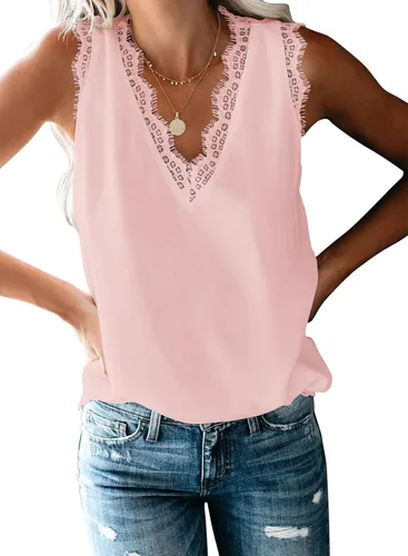 Miniatura 25 de VIISHOW - Camiseta sin mangas, sexy, con cuello en V y bordes de encaje para mujer, camisola de vestir, camisas de gasa, sin mangas, casuales