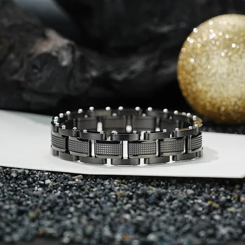 Miniatura 2 de Hombres Pulsera de acero inoxidable hombres pulsera negra Enlace diamante plata pulsera partículas azules joyería hombres cadena cajas de regalo