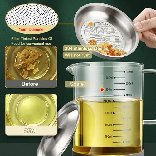 Miniatura 4 de Contenedor de grasa de tocino de vidrio de 1L/35 oz con colador, lata de almacenamiento de aceite de cocina con filtro y escala de malla fina, tapa