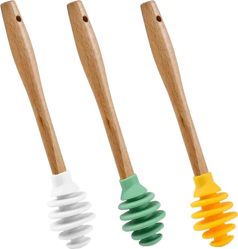 Miniatura 8 de Enenes Palitos de silicona para la miel, 3 cucharas de miel antigoteo con diseño en espiral con varilla agitadora, dispensador libre de BPA de grado