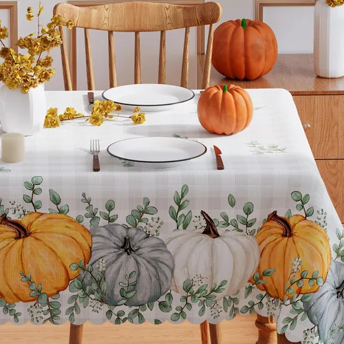 Miniatura 2 de Mantel rectangular de otoño de 52 x 70 pulgadas, decoración de otoño para el hogar, decoración de calabaza impermeable para decoración de temporada