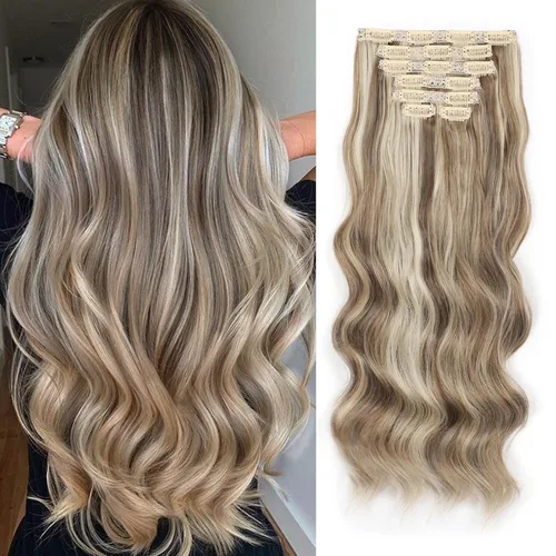 Miniatura 21 de Extensiones de cabello con clip de Vigorous de 20 pulgadas, con reflejos rubio playa, extensiones de cabello ondulado largo y suave de cabello