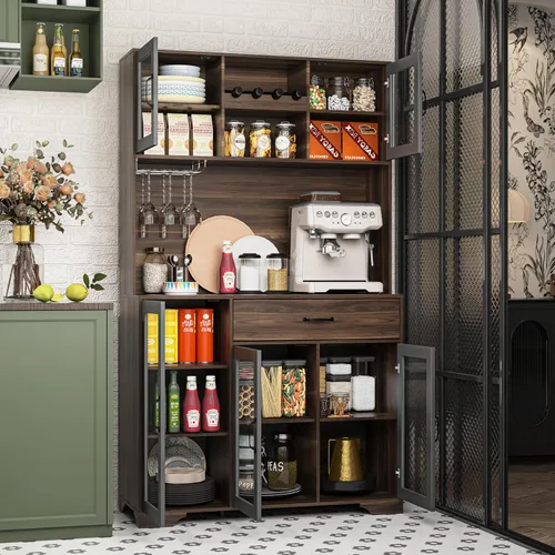 Miniatura 6 de Fatmok - Armario de despensa de 71 pulgadas, gabinete de almacenamiento para barra de café con estación de carga y luces LED, alacena alta de cocina