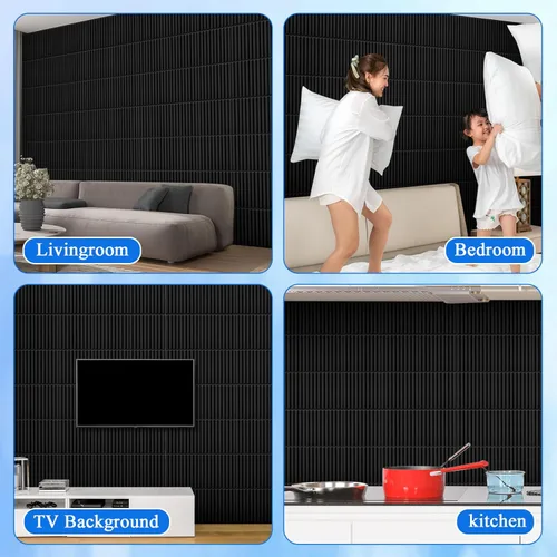 Miniatura 6 de Nuanchu 32 paneles de pared 3D para decoración de pared interior, azulejos decorativos negros con textura acanalada de 12 x 12 pulgadas