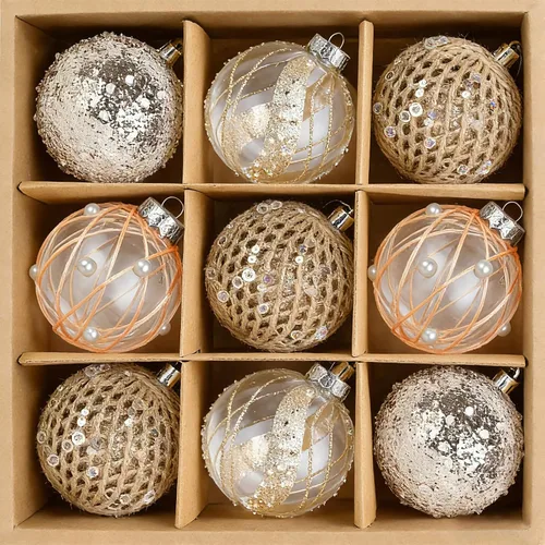 Mupera Paquete de 9 adornos de Navidad con purpurina, bolas inastillables de lentejuelas doradas champán, decoración colgante de alta calidad para
