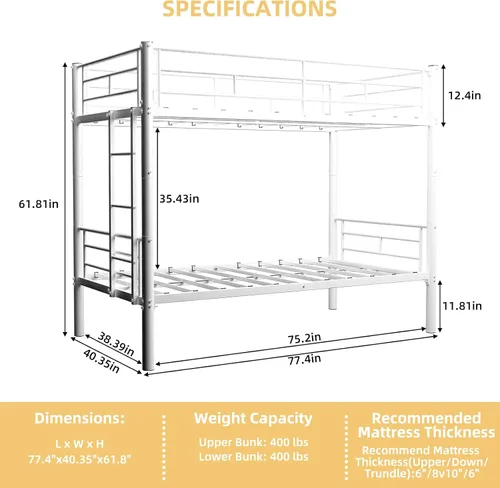Miniatura 2 de GNIXUU Litera de metal individual sobre individual, literas modernas con escalera y barandilla de longitud completa, litera resistente para Blanco