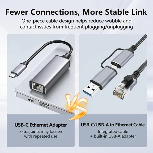 Miniatura 3 de Jadaol Cable USB-C/USB-A a Ethernet de 3 pies, adaptador USB-A integrado, LAN Gigabit RJ45 de hasta 1 Gbps, Plug & Play para la mayoría