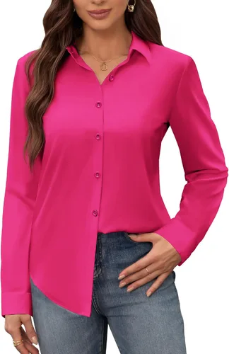 Miniatura 19 de Siliteelon - Camisas de vestir para mujer, a prueba de manchas, sin arrugas, de manga larga, sólidas, para trabajo y negocios, con botones