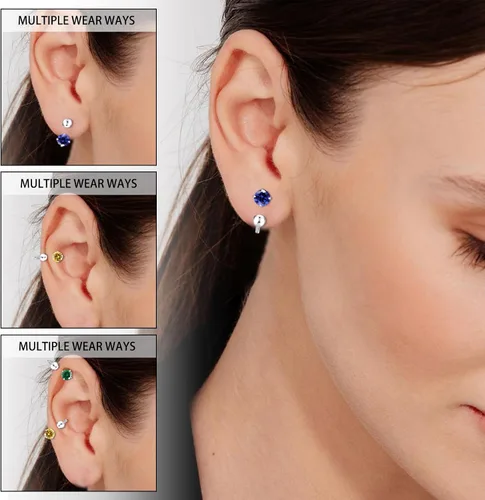 Miniatura 6 de Aretes Huggie de medio aro para mujeres y niñas, pequeños aretes de cartílago, aretes de botón con piedra natal para mujeres, aretes de botón