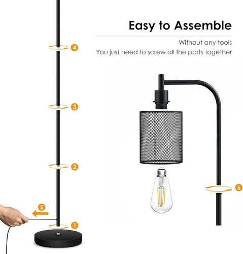 Miniatura 9 de Lámpara de pie industrial BoostArea, lámpara de pie con pantalla de malla de hierro colgante, bombilla LED de 6 W, lámpara de pie de granja metálica