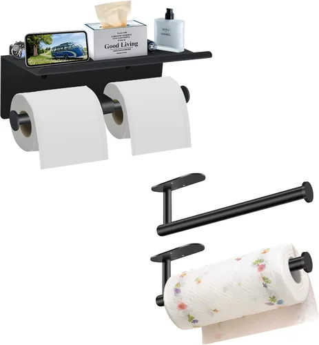 Soporte de papel higiénico con estante y soporte para toallas de papel debajo del gabinete, soporte de papel higiénico de acero inoxidable SUS304