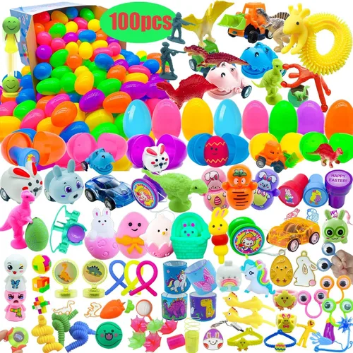 100 huevos de Pascua rellenos con juguetes novedosos, colores brillantes para cestas de Pascua, recuerdos de fiesta de Pascua y caza