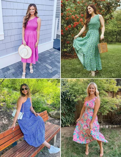 Miniatura 7 de ZESICA Vestido largo midi de verano bohemio con estampado floral de un hombro, sin mangas, fruncido con volantes, escalonado, para playa