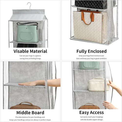 Miniatura 5 de Organizador de bolso colgante de 8 rejillas en 1 paquete con cremalleras dobles, organizador de bolso visible para armario, soporte