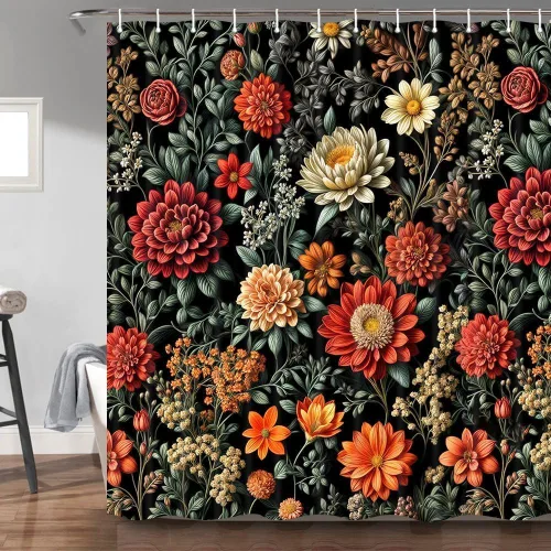 Miniatura 18 de Torich Cortina de ducha floral bohemia, abstracta de mediados de siglo, decoración bohemia, cortinas de baño, flores botánicas, hojas tropicales