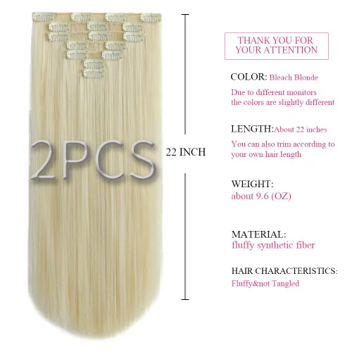 Miniatura 4 de SYXLCYGG Extensiones de cabello rubio, 2 unidades, extensiones de cabello con clip de 22 pulgadas, 5 onzas, lacio, sintético, esponjoso, rubio