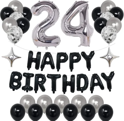 Miniatura 9 de Decoraciones de fiesta de cumpleaños color negro y plateado para niños y niñas, suministros de fiesta de cumpleaños número 14 con pancarta negra