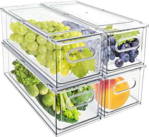 Miniatura 10 de Mano Paquete de 3 contenedores apilables extraíbles para nevera con asa, organizador transparente para almacenamiento de alimentos, caja