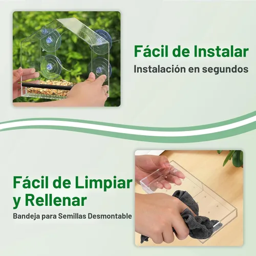 Miniatura 5 de Comedero para pájaros con ventosas fuertes, bandeja extraíble extra profunda de 4.35 pies para gran capacidad, casa de pájaros transparente
