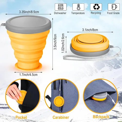 Miniatura 2 de Umigy 9 unidades de 6.8 onzas / 6.8 fl oz de silicona plegable taza con tapa, botellas de agua plegables reutilizables, pequeñas tazas de viaje