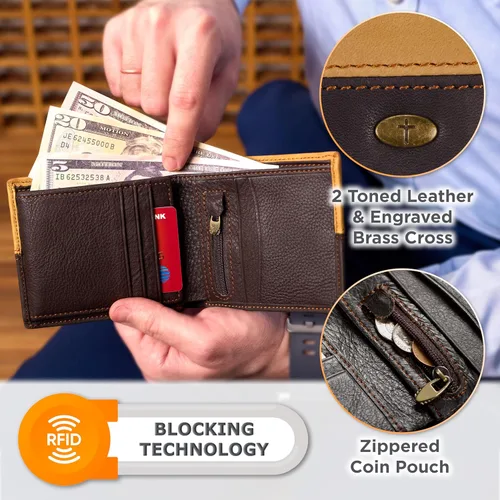 Miniatura 3 de Christian Art Gifts Cartera clásica de cuero de grano completo para hombre con emblema cruzado, bloqueo RFID para tarjetas, identificación, ranuras