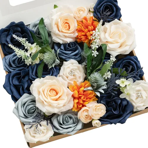 Miniatura 10 de Ling's moment Caja de Flores Falsas, Tallos de Vegetación Artificial Falsa Rosas de Espuma Dalia Hortensia de Seda Peonía Flor de Tela para Centros