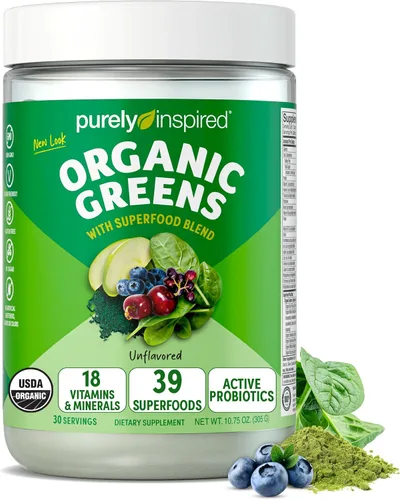Purely Inspired Organic Greens Powder Superfood Smoothie Mix, sin sabor (30 porciones) – Super Greens con probióticos, espirulina y clorella para la
