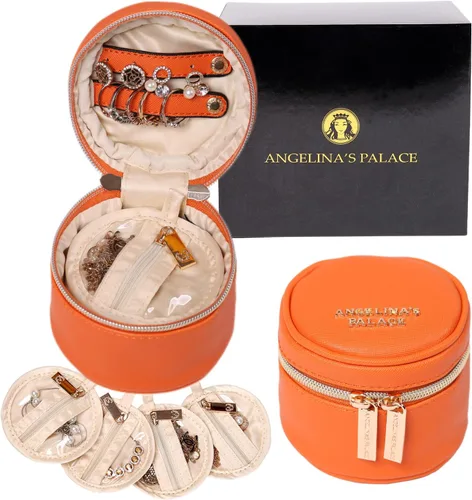 Angelina's Palace Estuche organizador de joyas redondo, bolsa de viaje, regalos de dama de honor, caja de cuero vegano para collar, aretes, pulsera,