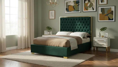 Miniatura 6 de Meridian Furniture Colección Lana Modern Cama tapizada de terciopelo contemporáneo con acolchado profundo detallado y patas doradas, tamaño Verde