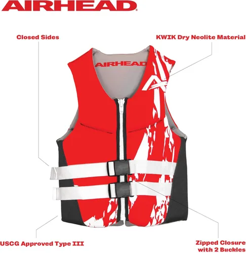 Miniatura 2 de Airhead Swoosh Kwik-Dry Neolite Life Jacket, US Coast Goard Approved Type III Life Jacket, Adult and Youth Sizes Rojo