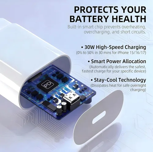 Miniatura 2 de Bloque USB C 30W PD Bloque de Carga Súper Rápida Tipo C Enchufe Cubo Adaptador de Pared Ladrillo de Alimentación Cargador USB C para iPhone 17, 17