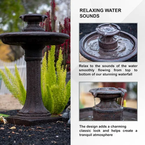 Miniatura 5 de XBrand Fuente de agua de baño de pájaros de 1 nivel para exteriores, fuente de resina con bomba de apagado automático, color marrón