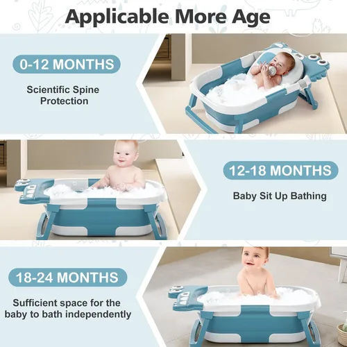 Miniatura 3 de Bañera plegable para bebé recién nacido, bañera plegable para bebé con termómetro y cojín flotante suave y orificio de drenaje, bañera portátil