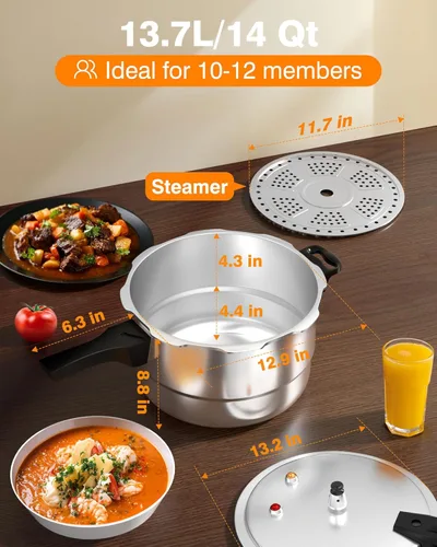 Miniatura 6 de WantJoin Olla a presión de aluminio de 14 cuartos con válvula de liberación y múltiples dispositivos de protección, envasadora a presión compatible