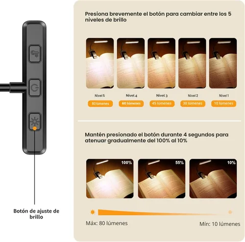 Miniatura 2 de Gritin Luz de Lectura Recargable de 19 LED para Leer en la Cama con Función de Memoria, Cuidado de los Ojos, 3 Temperaturas de Color, Brillo