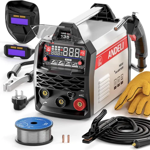 ANDELI 135A MIG Solderer, Voltage 220V, Portable Without Gas, Multi-Process Flux MIG/TIG Lift/MMA Welder, with LED Digital Display, IGBT Inverter