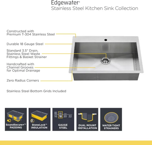 Miniatura 4 de American Standard 18SB.9252211.075 Edgewater Zero Radius Dual Mount 25x22 tazón individual con rejilla y drenaje, acero inoxidable