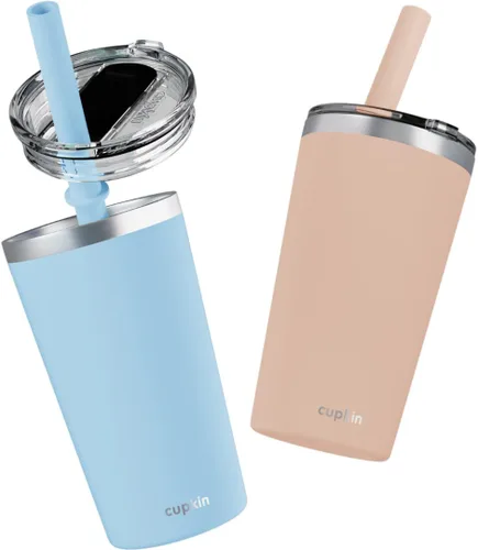 Miniatura 43 de CUPKIN - Taza apilable de acero inoxidable para niños, taza de batido, tazas aisladas con recubrimiento en polvo, tapa libre de BPA y pajilla de Rosa