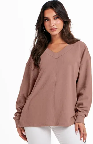 Miniatura 5 de ANRABESS Camisas de manga larga de gran tamaño para mujer, sudadera con hombros descubiertos, holgada, cuello en V, suéter alto y bajo 2025