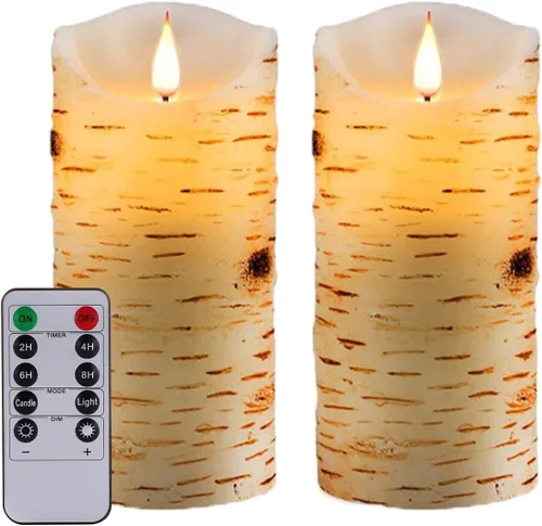Nancia Velas sin llama, efecto corteza de abedul, funciona con pilas, paquete de 2 velas LED de pilar de cera real con control remoto de 10 teclas,