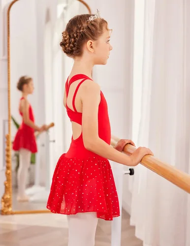 Miniatura 4 de Zaclotre Leotardos de gimnasia para niñas, con tirantes cruzados, brillantes vestidos de baile de ballet con espalda hueca y falda para disfraz