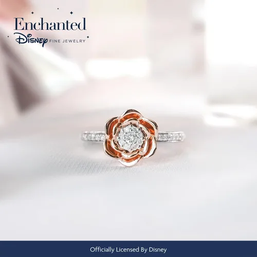 Miniatura 5 de Jewelili Enchanted Disney Fine Jewelry Anillo compuesto de oro rosa de 14 quilates sobre plata esterlina 1/4 Cttw Belle Rose