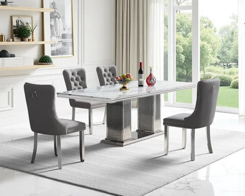 Miniatura 11 de Juego de mesa de comedor de mármol para 4, mesa de cocina rectangular de mármol negro de 68 pulgadas con base en H de acero inoxidable dorado, juego