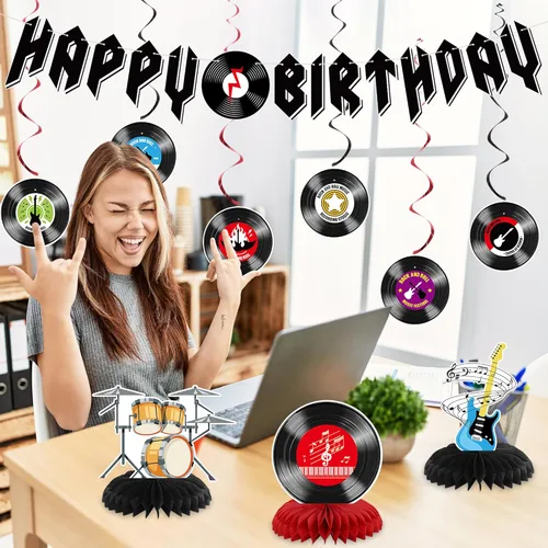 Miniatura 3 de Crenics Decoraciones de cumpleaños de Rock and Roll: pancarta de feliz cumpleaños, remolinos colgantes y centros de mesa de panal para suministros